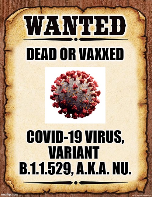 Wanted COVID-19 Nu variant | DEAD OR VAXXED; COVID-19 VIRUS, VARIANT  B.1.1.529, A.K.A. NU. | image tagged in wanted poster,covid-19,virus,coronavirus | made w/ Imgflip meme maker