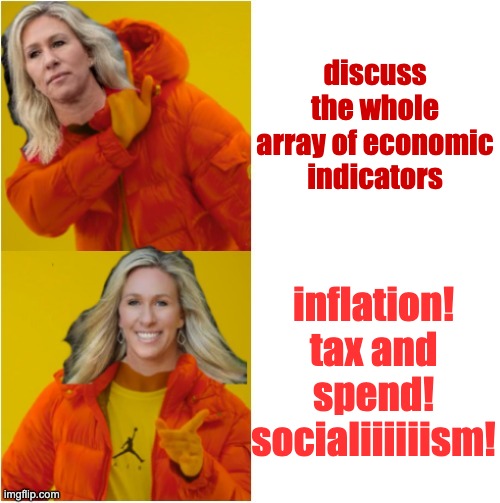 These talking points will make the midterms difficult | discuss the whole array of economic indicators; inflation! tax and spend! socialiiiiiism! | image tagged in marjorie taylor greene hotline bling,talking points,gop | made w/ Imgflip meme maker