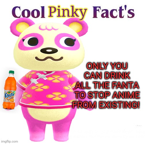 Pinkie the no-anime bear | Pinky; ONLY YOU CAN DRINK ALL THE FANTA TO STOP ANIME FROM EXISTING! | image tagged in no anime allowed,bear,animal crossing,fanta | made w/ Imgflip meme maker