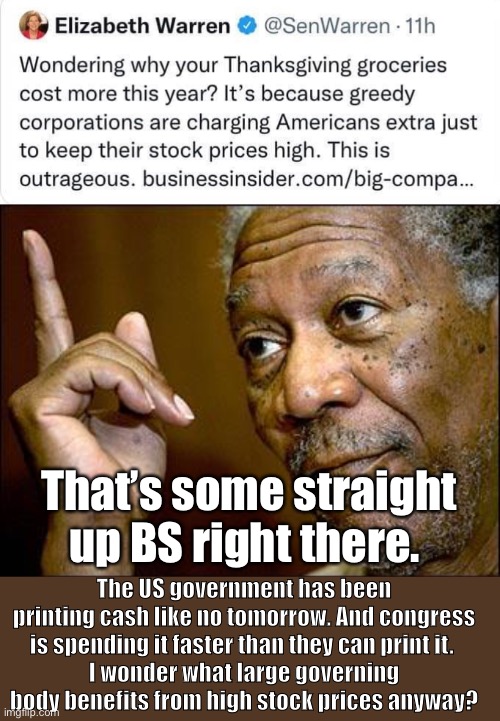 What an economic ding bat |  That’s some straight up BS right there. The US government has been printing cash like no tomorrow. And congress is spending it faster than they can print it. 
I wonder what large governing body benefits from high stock prices anyway? | image tagged in this morgan freeman,elizabeth warren,derp,politics lol,government corruption | made w/ Imgflip meme maker