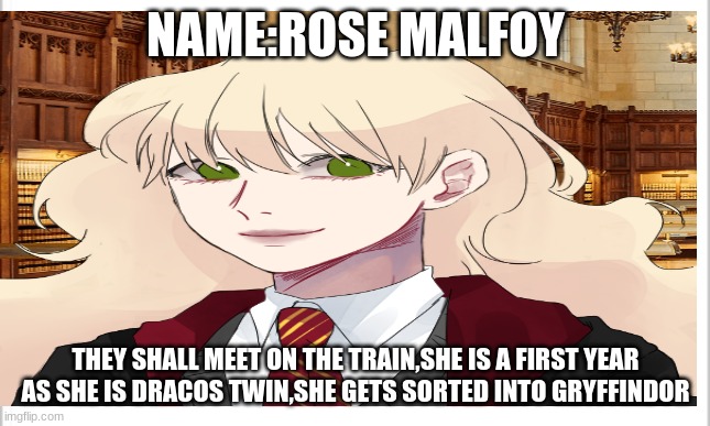 NAME:ROSE MALFOY THEY SHALL MEET ON THE TRAIN,SHE IS A FIRST YEAR AS SHE IS DRACOS TWIN,SHE GETS SORTED INTO GRYFFINDOR | made w/ Imgflip meme maker