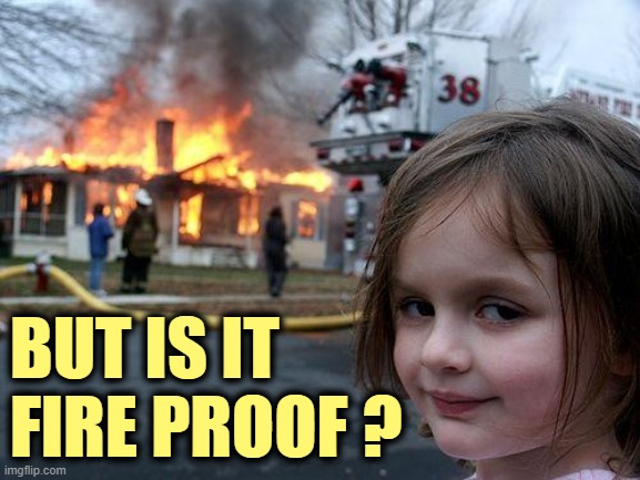 Disaster Girl Meme | BUT IS IT
FIRE PROOF ? | image tagged in memes,disaster girl | made w/ Imgflip meme maker