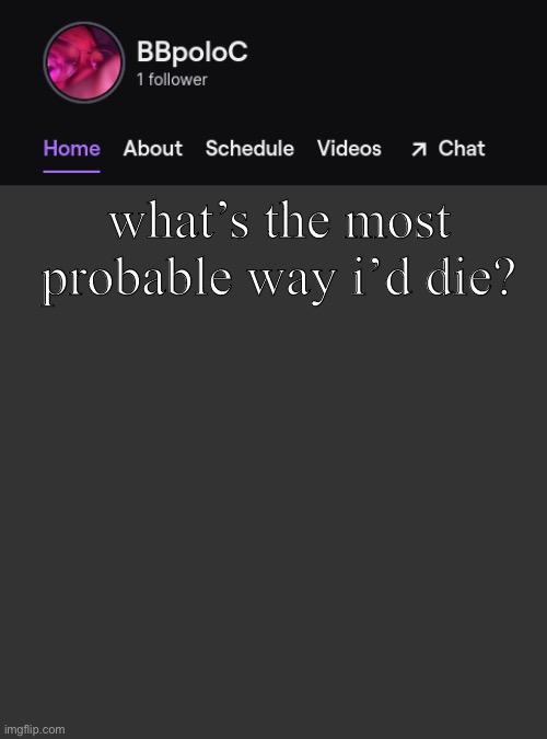 Twitch template | what’s the most probable way i’d die? | image tagged in twitch template | made w/ Imgflip meme maker