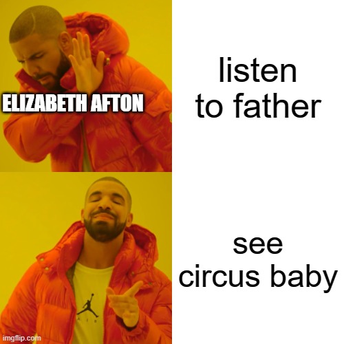 Drake Hotline Bling | listen to father; ELIZABETH AFTON; see circus baby | image tagged in memes,drake hotline bling | made w/ Imgflip meme maker