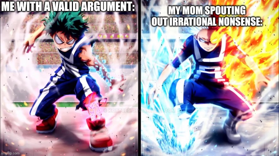 Deku vs todoroki | MY MOM SPOUTING OUT IRRATIONAL NONSENSE:; ME WITH A VALID ARGUMENT: | image tagged in deku vs todoroki | made w/ Imgflip meme maker