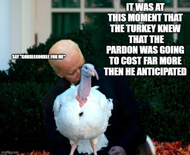 Come 'on boy, Gobble like a turkey for me!! | IT WAS AT THIS MOMENT THAT THE TURKEY KNEW  THAT THE PARDON WAS GOING TO COST FAR MORE THEN HE ANTICIPATED; SAY "GOBBLEGOBBLE FOR ME" | image tagged in stupid liberals,funny memes,political meme,politics lol,lol,funny meme | made w/ Imgflip meme maker