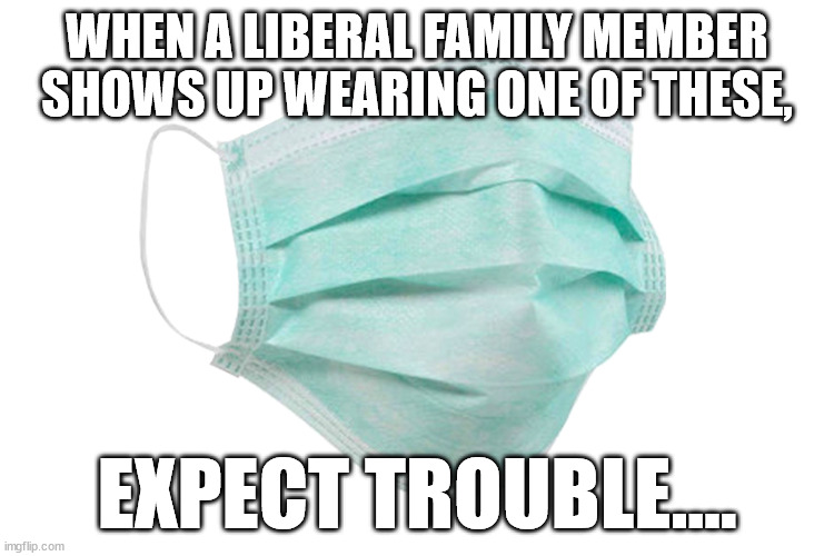 Face mask | WHEN A LIBERAL FAMILY MEMBER SHOWS UP WEARING ONE OF THESE, EXPECT TROUBLE.... | image tagged in face mask | made w/ Imgflip meme maker