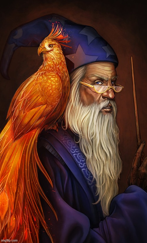 Dumbledore and Fawkes by daPatches on deviantart.com | image tagged in harry potter,dumbledore,phoenix,art | made w/ Imgflip meme maker