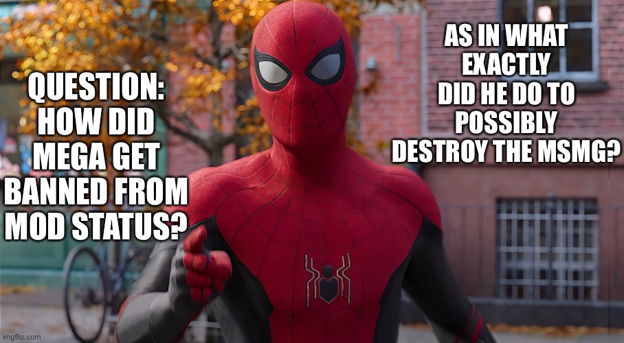 Just asking… | QUESTION: HOW DID MEGA GET BANNED FROM MOD STATUS? AS IN WHAT EXACTLY DID HE DO TO POSSIBLY DESTROY THE MSMG? | image tagged in spider-man,imgflip,imgflip users,marvel cinematic universe | made w/ Imgflip meme maker