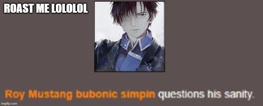 Roy Mustang Questions his sanity | ROAST ME LOLOLOL | image tagged in roy mustang questions his sanity | made w/ Imgflip meme maker