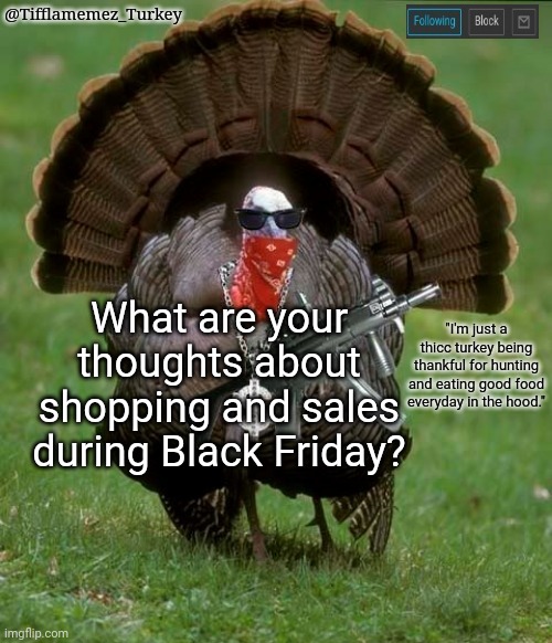 Black Friday | What are your thoughts about shopping and sales during Black Friday? | image tagged in tifflamemez_turkey announcement template,black friday,shopping,sales | made w/ Imgflip meme maker
