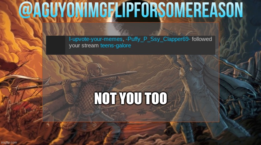 noooo | NOT YOU TOO | image tagged in aguyonimgflipforsomereason announcement template | made w/ Imgflip meme maker