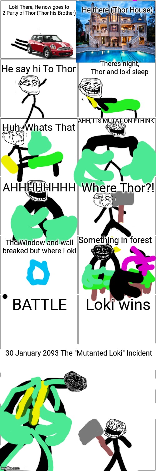 Origin of Mutated Loki | Loki There, He now goes to 2 Party of Thor (Thor his Brother); He there (Thor House); Theres night, Thor and loki sleep; He say hi To Thor; AHH, ITS MUTATION I THINK; Huh, Whats That; AHHHHHHHH; Where Thor?! Something in forest; The Window and wall breaked but where Loki; BATTLE; Loki wins; 30 January 2093 The "Mutanted Loki" Incident | image tagged in blank comic panel 2x8 | made w/ Imgflip meme maker