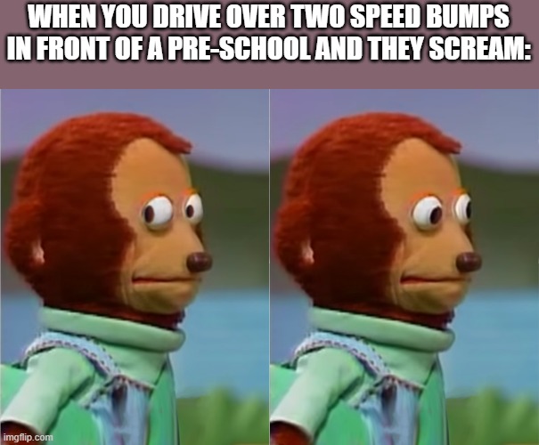 0.0 | WHEN YOU DRIVE OVER TWO SPEED BUMPS IN FRONT OF A PRE-SCHOOL AND THEY SCREAM: | image tagged in puppet monkey looking away | made w/ Imgflip meme maker
