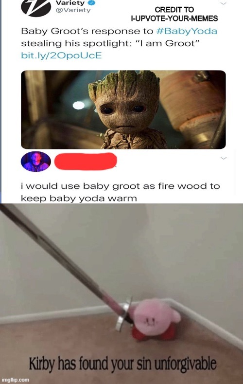CREDIT TO I-UPVOTE-YOUR-MEMES | image tagged in baby groot,groot,baby yoda,baby yoda tea | made w/ Imgflip meme maker