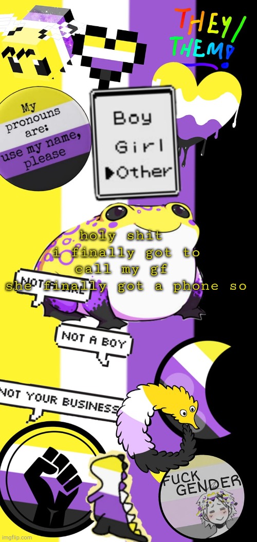 noras non binary temp |  holy shit 
i finally got to call my gf 
she finally got a phone so | image tagged in noras non binary temp | made w/ Imgflip meme maker