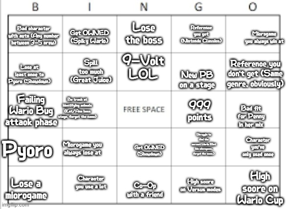 WarioWare Get it Together Bingo! | Reference you get (Nintendo Classics); Bad character with auto (Any number between 3-5 crew); Lose the boss; Get OWNED (Spiky Wario); Microgame you always win at; Spill too much (Great Juice); 9-Volt LOL; Reference you don't get (Same genre, obviously); Lose at least once to Pyoro (Showdown); New PB on a stage; Be trash at identifying animals (Kat/Ana boss stage, forget the name); Failing Wario Bug attack phase; 999 points; Bad fit for Penny in her mix; Character you've only used once; Struggle to find the correct Wario (Get him microgame, forget the name.); Pyoro; Microgame you always lose at; Get OWNED (Showdown); High score on Wario Cup; High score on Versus modes; Character you use a lot; Co-Op with a friend; Lose a microgame | image tagged in blank bingo template,warioware,bingo,bruh,what are these spaces,you'd have to be bad at the game | made w/ Imgflip meme maker