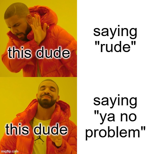 saying "rude" saying "ya no problem" this dude this dude | image tagged in memes,drake hotline bling | made w/ Imgflip meme maker