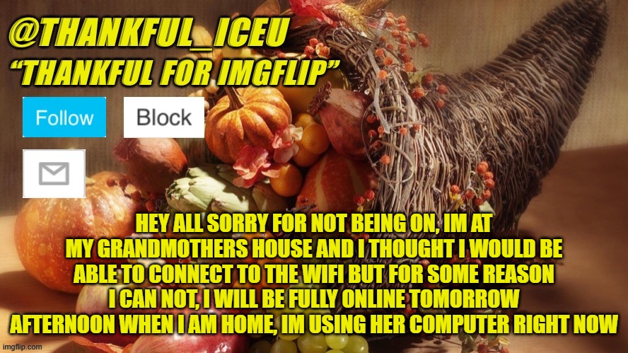 Ill be on tmrw | HEY ALL SORRY FOR NOT BEING ON, IM AT MY GRANDMOTHERS HOUSE AND I THOUGHT I WOULD BE ABLE TO CONNECT TO THE WIFI BUT FOR SOME REASON I CAN NOT, I WILL BE FULLY ONLINE TOMORROW AFTERNOON WHEN I AM HOME, IM USING HER COMPUTER RIGHT NOW | image tagged in dr_iceu thanksgiving template | made w/ Imgflip meme maker