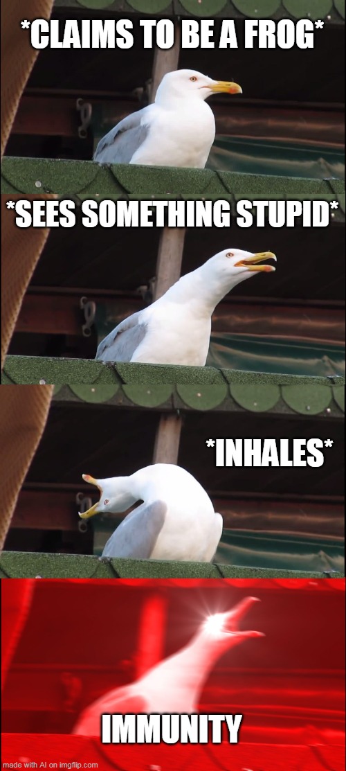 Amazing, 100% agree | *CLAIMS TO BE A FROG*; *SEES SOMETHING STUPID*; *INHALES*; IMMUNITY | image tagged in memes,inhaling seagull | made w/ Imgflip meme maker