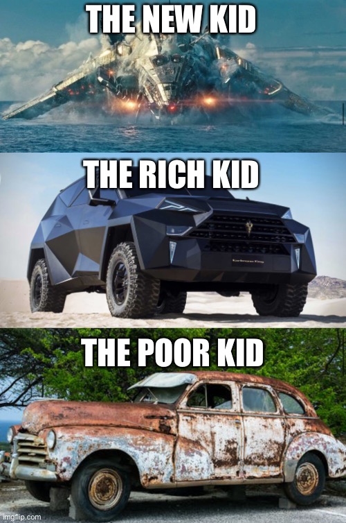 Going to school be like: | THE NEW KID; THE RICH KID; THE POOR KID | image tagged in funny,meme,school | made w/ Imgflip meme maker