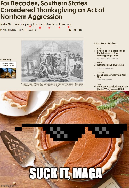 It's now your PATRIOTIC DUTY to eat pumpkin pie. Stick it to the rebels! | SUCK IT, MAGA | image tagged in southern pride,maga,trump,thanksgiving,pumpkin | made w/ Imgflip meme maker