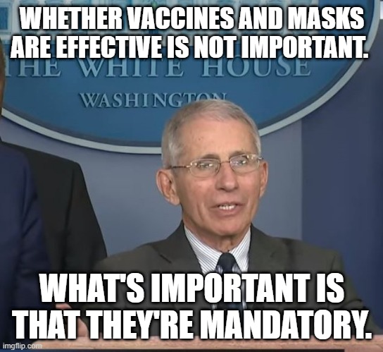 Dr Fauci | WHETHER VACCINES AND MASKS ARE EFFECTIVE IS NOT IMPORTANT. WHAT'S IMPORTANT IS THAT THEY'RE MANDATORY. | image tagged in dr fauci | made w/ Imgflip meme maker