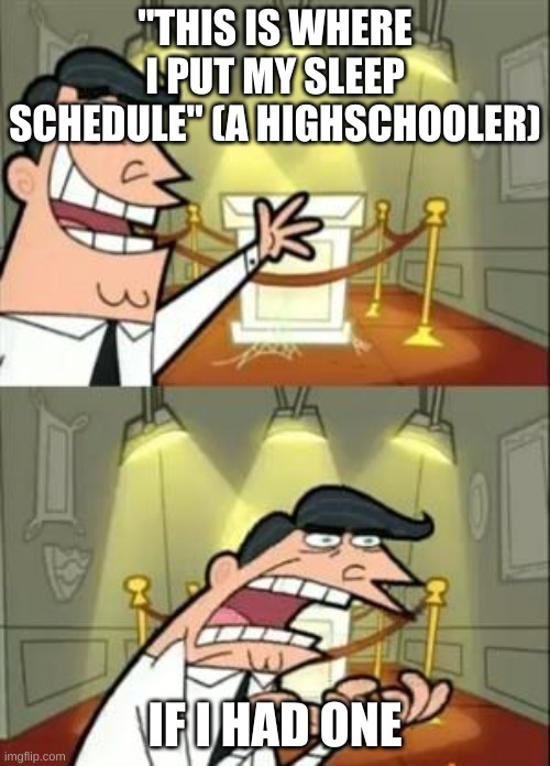 I rlly need to stop making memes about sleep schedules? | "THIS IS WHERE I PUT MY SLEEP SCHEDULE" (A HIGHSCHOOLER); IF I HAD ONE | image tagged in memes,this is where i'd put my trophy if i had one | made w/ Imgflip meme maker