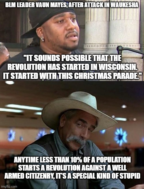 BLM LEADER VAUN MAYES, AFTER ATTACK IN WAUKESHA; "IT SOUNDS POSSIBLE THAT THE REVOLUTION HAS STARTED IN WISCONSIN. IT STARTED WITH THIS CHRISTMAS PARADE."; ANYTIME LESS THAN 10% OF A POPULATION STARTS A REVOLUTION AGAINST A WELL ARMED CITIZENRY, IT'S A SPECIAL KIND OF STUPID | image tagged in special kind of stupid | made w/ Imgflip meme maker