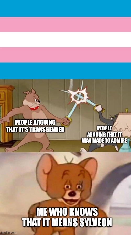 PEOPLE ARGUING THAT IT'S TRANSGENDER; PEOPLE ARGUING THAT IT WAS MADE TO ADMIRE; ME WHO KNOWS THAT IT MEANS SYLVEON | image tagged in transgender flag,tom and jerry swordfight | made w/ Imgflip meme maker