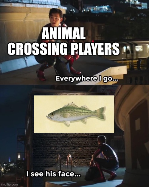 sea bass suck | ANIMAL CROSSING PLAYERS | image tagged in everywhere i go i see his face,animal crossing,gaming | made w/ Imgflip meme maker