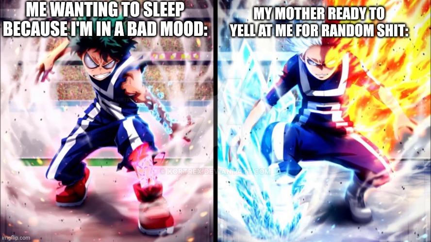 Back, did I miss anything in the last 3 hours? | ME WANTING TO SLEEP BECAUSE I'M IN A BAD MOOD:; MY MOTHER READY TO YELL AT ME FOR RANDOM SHIT: | image tagged in deku vs todoroki | made w/ Imgflip meme maker