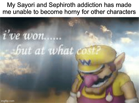 Just a fun fact about me, also hello chat | My Sayori and Sephiroth addiction has made me unable to become horny for other characters | image tagged in i've won but at what cost,sayori and sephiroth | made w/ Imgflip meme maker