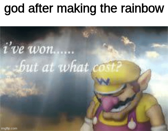 I've won but at what cost? | god after making the rainbow | image tagged in i've won but at what cost | made w/ Imgflip meme maker