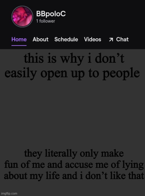 i’m specifically talking about retro he’s such a pain -_- | this is why i don’t easily open up to people; they literally only make fun of me and accuse me of lying about my life and i don’t like that | image tagged in twitch template | made w/ Imgflip meme maker