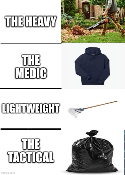 Raking Leaves Squad | THE HEAVY; THE MEDIC; LIGHTWEIGHT; THE TACTICAL | image tagged in memes,expanding brain | made w/ Imgflip meme maker
