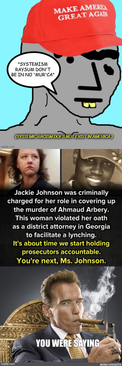 Welp, that claim didn't age well. | "SYSTEMISM RAYSUM DON'T BE IN NO 'MUR'CA"; (SYSTEMIC RACISM DOES NOT EXIST IN AMERICA.) | image tagged in maga npc,jackie johnson charged,maga,racist,gop,southern pride | made w/ Imgflip meme maker