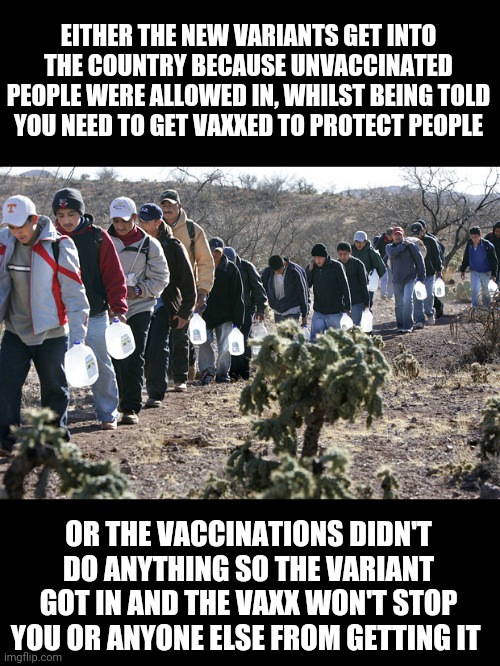 mexican immigration | EITHER THE NEW VARIANTS GET INTO THE COUNTRY BECAUSE UNVACCINATED PEOPLE WERE ALLOWED IN, WHILST BEING TOLD YOU NEED TO GET VAXXED TO PROTECT PEOPLE; OR THE VACCINATIONS DIDN'T DO ANYTHING SO THE VARIANT GOT IN AND THE VAXX WON'T STOP YOU OR ANYONE ELSE FROM GETTING IT | image tagged in mexican immigration | made w/ Imgflip meme maker