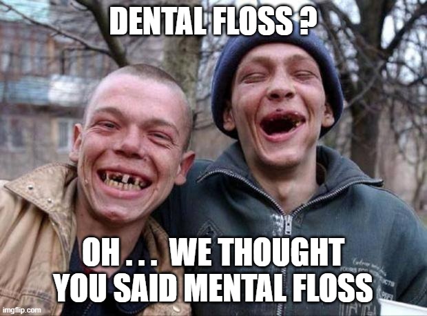 No teeth |  DENTAL FLOSS ? OH . . .  WE THOUGHT YOU SAID MENTAL FLOSS | image tagged in no teeth | made w/ Imgflip meme maker