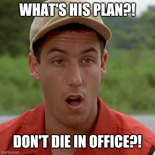 Adam Sandler mouth dropped | WHAT'S HIS PLAN?! DON'T DIE IN OFFICE?! | image tagged in adam sandler mouth dropped | made w/ Imgflip meme maker