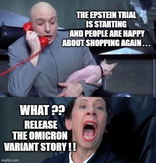 OMG, Omicron | THE EPSTEIN TRIAL IS STARTING
 AND PEOPLE ARE HAPPY ABOUT SHOPPING AGAIN . . . WHAT ?? RELEASE THE OMICRON VARIANT STORY ! ! | image tagged in dr evil and frau,biden,africa,liberals,democrats,covid19 | made w/ Imgflip meme maker