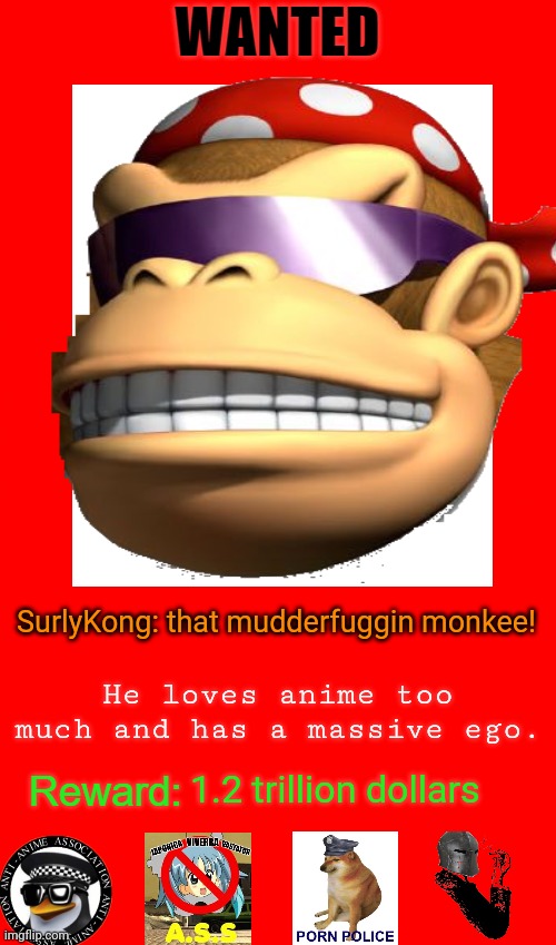 It's time for him to stop! Mod note: you have achieved COMEDY | SurlyKong: that mudderfuggin monkee! He loves anime too much and has a massive ego. 1.2 trillion dollars | image tagged in its time to stop,surlykong,that damn,le monke | made w/ Imgflip meme maker