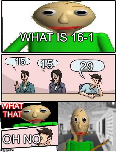 What is 16-1 | WHAT IS 16-1; 29; 15; 15; WHAT THAT; OH NO | image tagged in baldi s meeting suggestion,math,baldi,memes | made w/ Imgflip meme maker