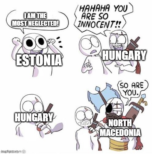 You are so innocent |  I AM THE MOST NEGLECTED! HUNGARY; ESTONIA; HUNGARY; NORTH MACEDONIA | image tagged in you are so innocent | made w/ Imgflip meme maker