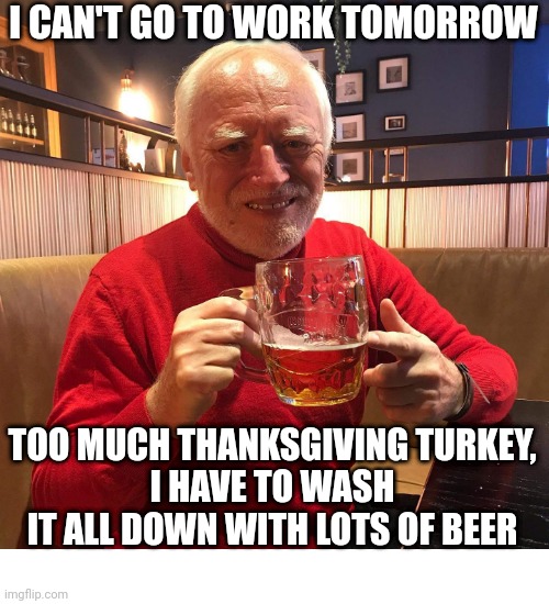 GINA HAVE A BAD HANGOVER |  I CAN'T GO TO WORK TOMORROW; TOO MUCH THANKSGIVING TURKEY,
I HAVE TO WASH IT ALL DOWN WITH LOTS OF BEER | image tagged in beer,work,thanksgiving,hide the pain harold | made w/ Imgflip meme maker
