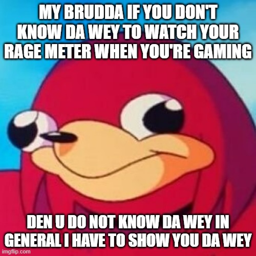 You non-believers don't know da wey to watch your rage meter when dey game so dey might as well learn da wey of control | MY BRUDDA IF YOU DON'T KNOW DA WEY TO WATCH YOUR RAGE METER WHEN YOU'RE GAMING; DEN U DO NOT KNOW DA WEY IN GENERAL I HAVE TO SHOW YOU DA WEY | image tagged in ugandan knuckles,memes,savage memes,gaming,do you know da wae,funny memes | made w/ Imgflip meme maker