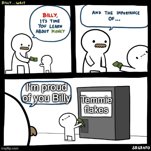 https://youtu.be/FvxzKpMHMTQ | I'm proud of you Billy; Temmie flakes | image tagged in billy learns about money,memes,tag,oh wow are you actually reading these tags | made w/ Imgflip meme maker