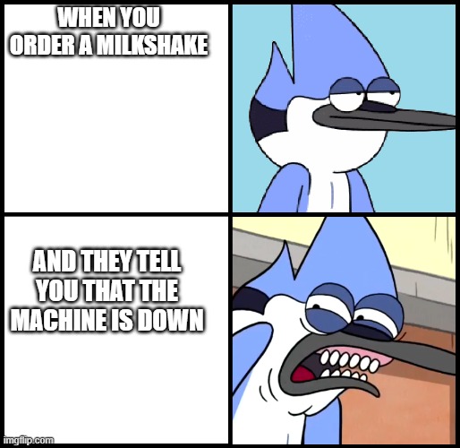 Mordecai disgusted | WHEN YOU ORDER A MILKSHAKE; AND THEY TELL YOU THAT THE MACHINE IS DOWN | image tagged in mordecai disgusted | made w/ Imgflip meme maker