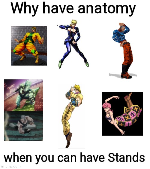 Stando > bones (ft. Trish) | Why have anatomy; when you can have Stands | image tagged in blank white template,jjba | made w/ Imgflip meme maker