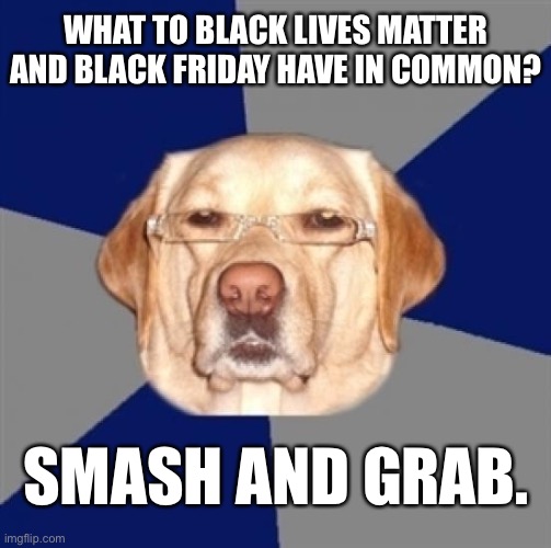 Smash And Grab | WHAT TO BLACK LIVES MATTER AND BLACK FRIDAY HAVE IN COMMON? SMASH AND GRAB. | image tagged in racist dog,memes,black friday,black lives matter,riots,smash | made w/ Imgflip meme maker